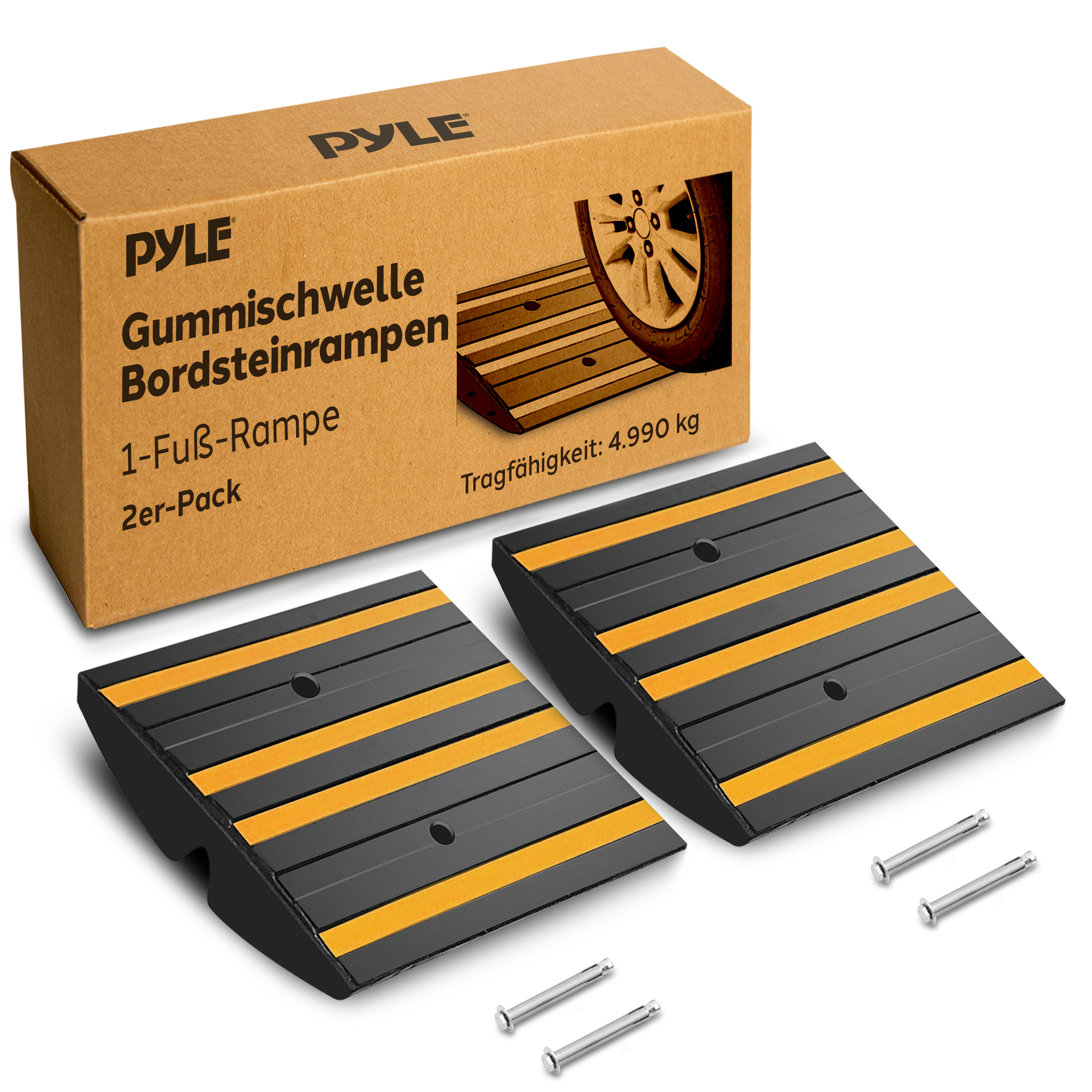 Zwei schwarze und gelbe Gummirampe mit Befestigungsschrauben und Verpackung.