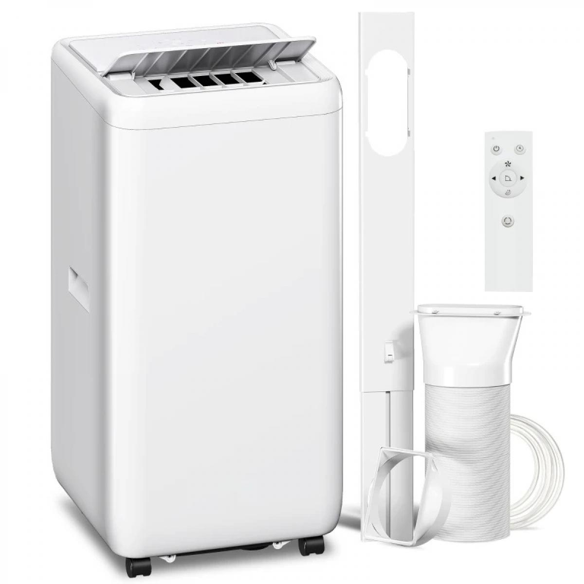 Ein weißer mobiler Klimaanlagen-Kit mit Schlauch, Fensterhalterung und Fernbedienung.