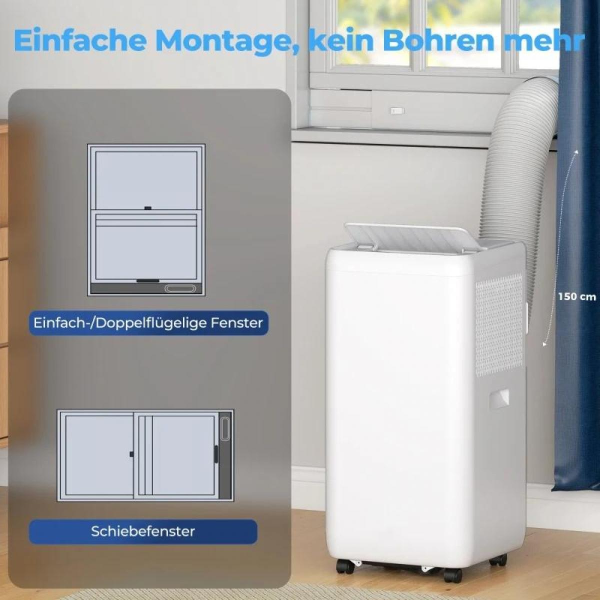 Weiße mobile Klimaanlage mit Abluftschlauch, zeigt Fensterbefestigungsoptionen.