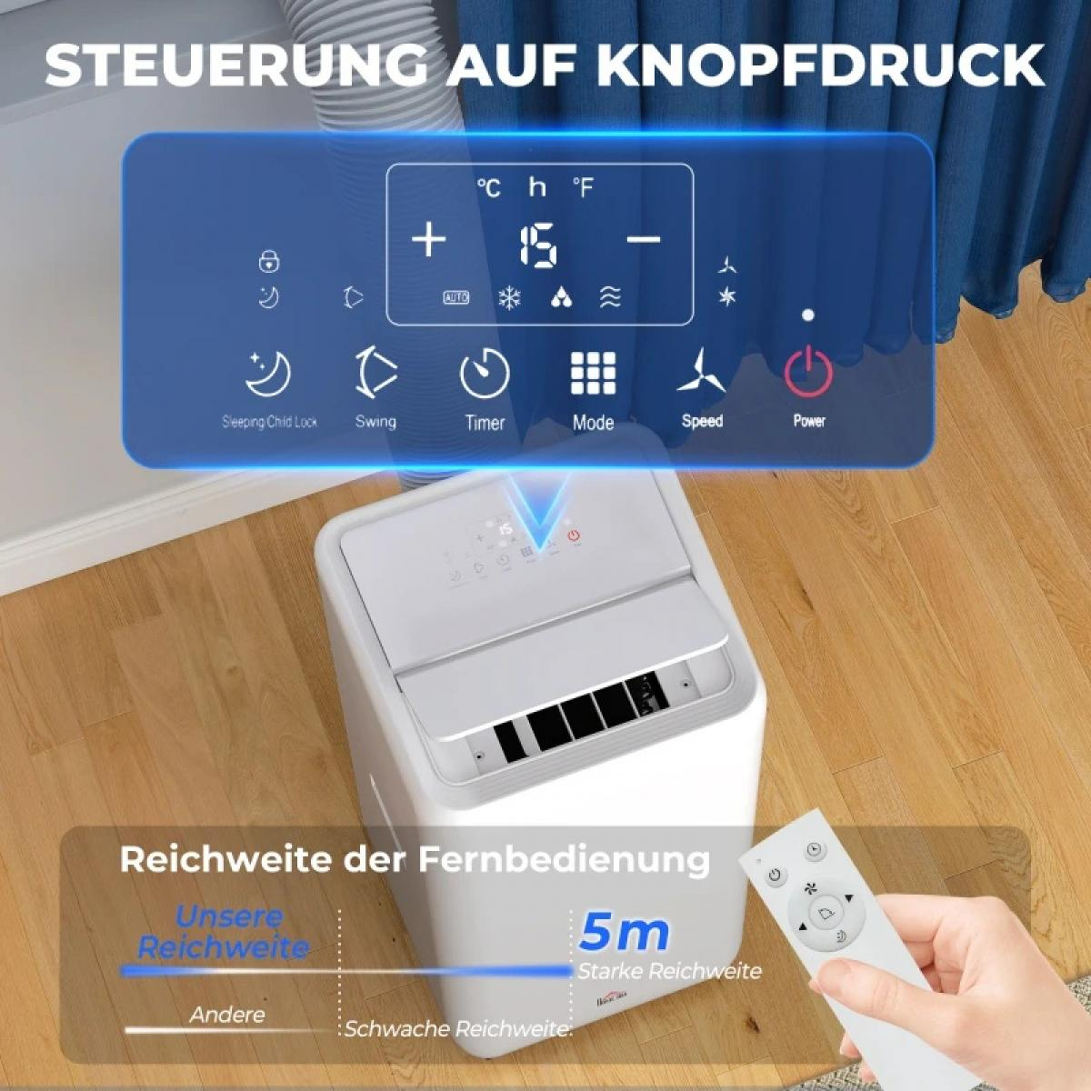 Ein weißer transportabler Klimaanlage mit Fernbedienung und Display.
