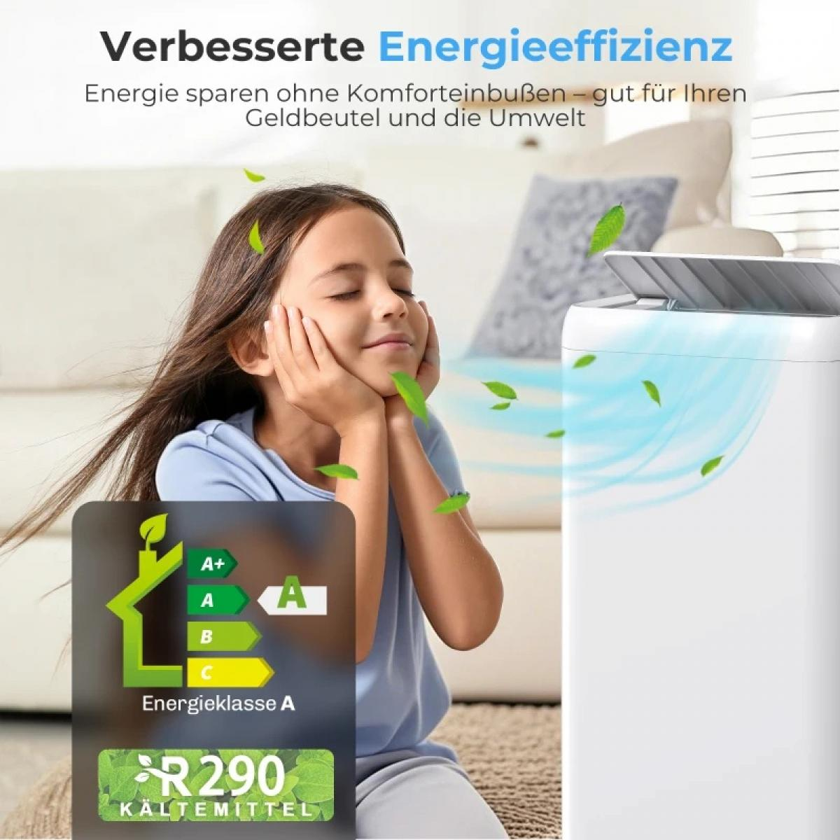 Junge entspannt vor Klimagerät mit Energieeffizienzlabel A.