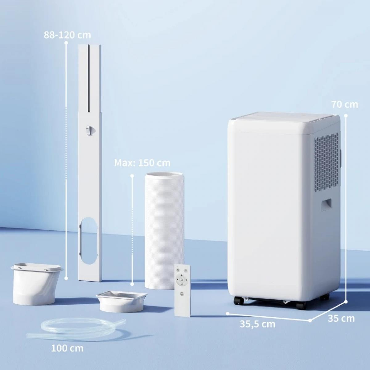 Weiße mobile Klimaanlage mit Fensterkit, Schlauch und Fernbedienung. Maße angezeigt.