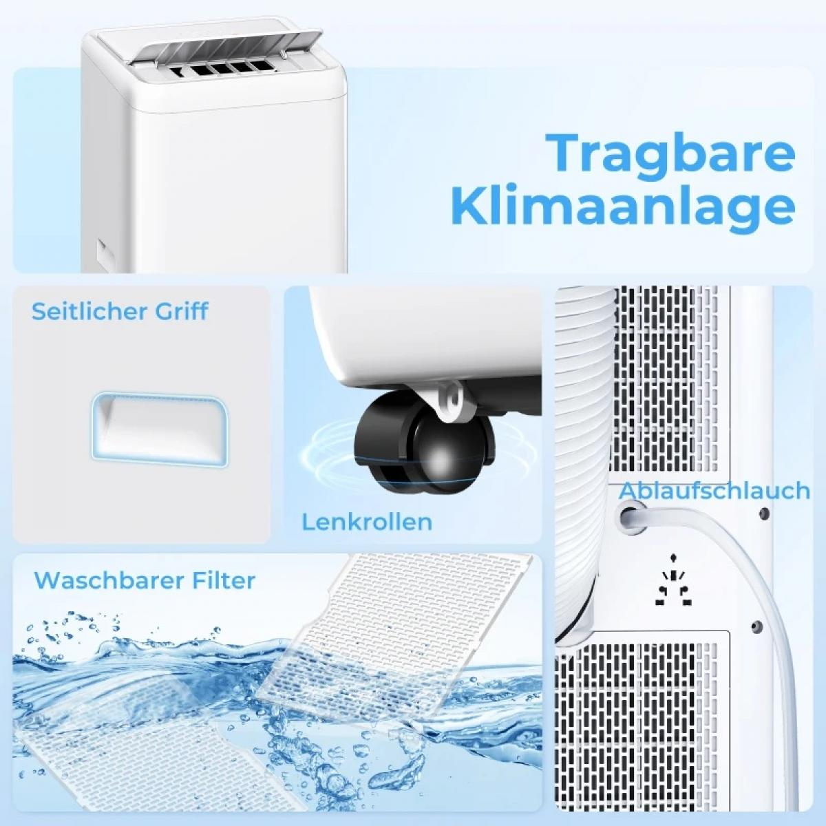 Tragbare Klimaanlage mit Griff, Rollen, waschbarem Filter und Abluftschlauch.