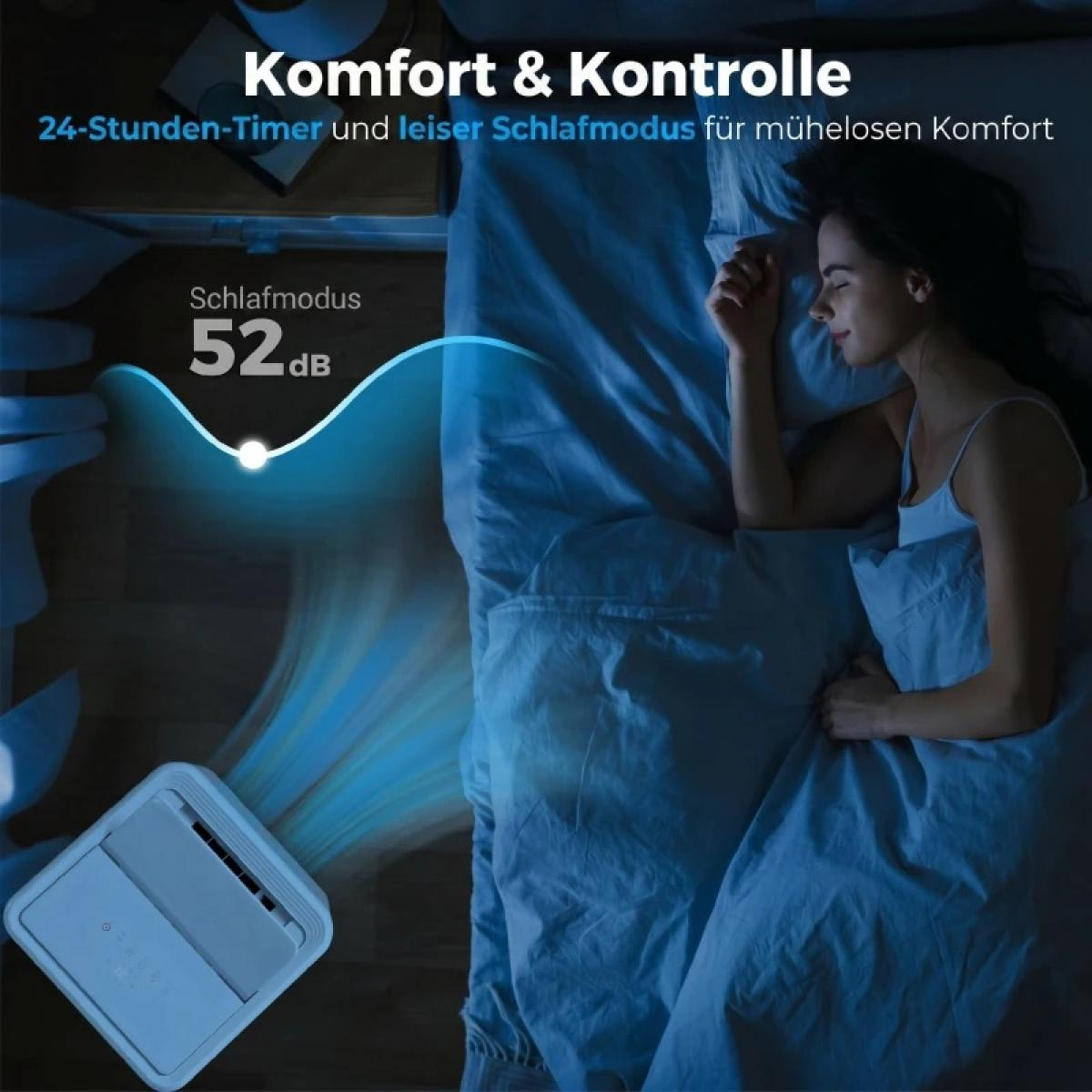Frau schläft im Bett, ein Luftreiniger zeigt 52dB Schlafmodus an.