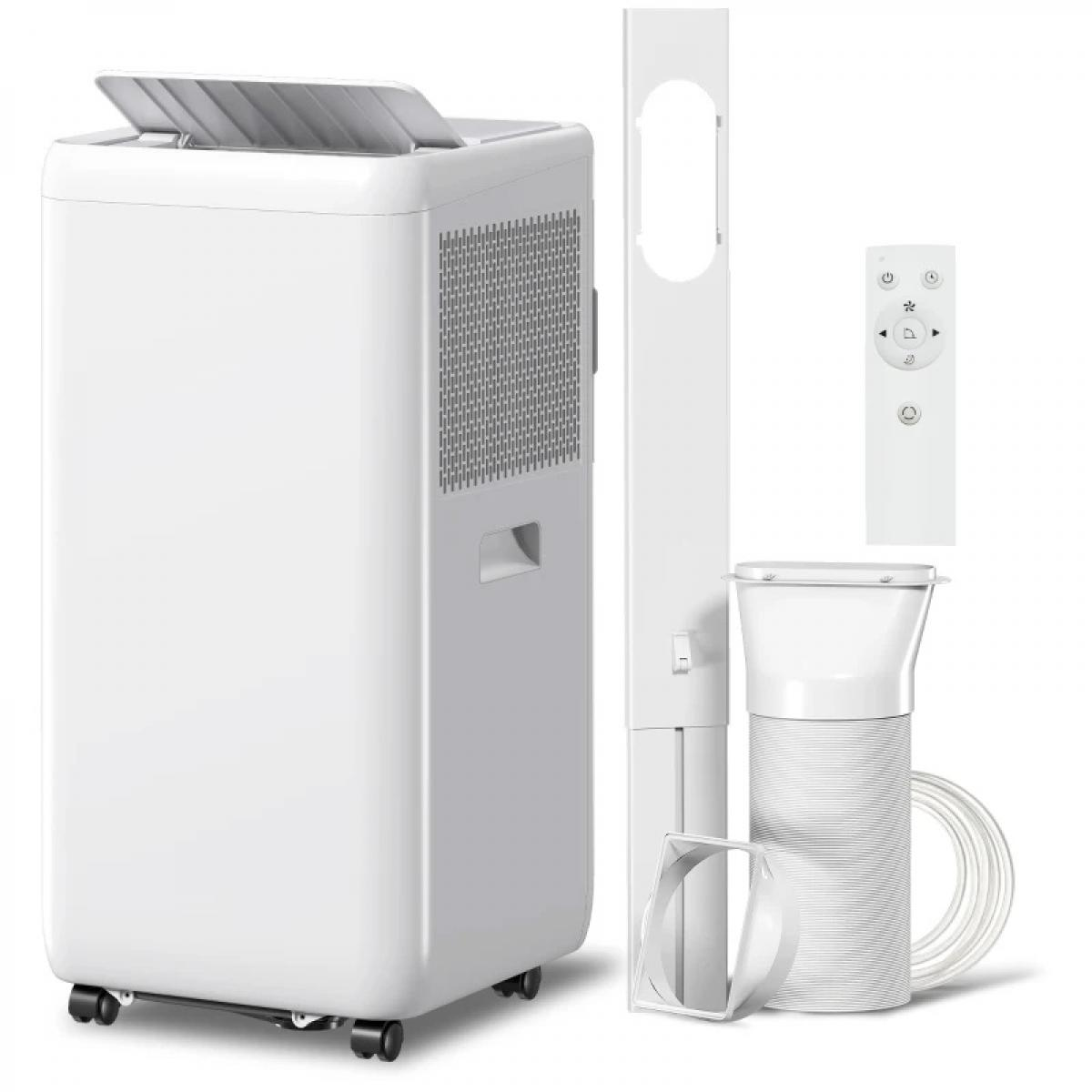 Ein weißer mobiler Klimaanlagenapparat mit Zubehör: Fernbedienung, Fensterkit.