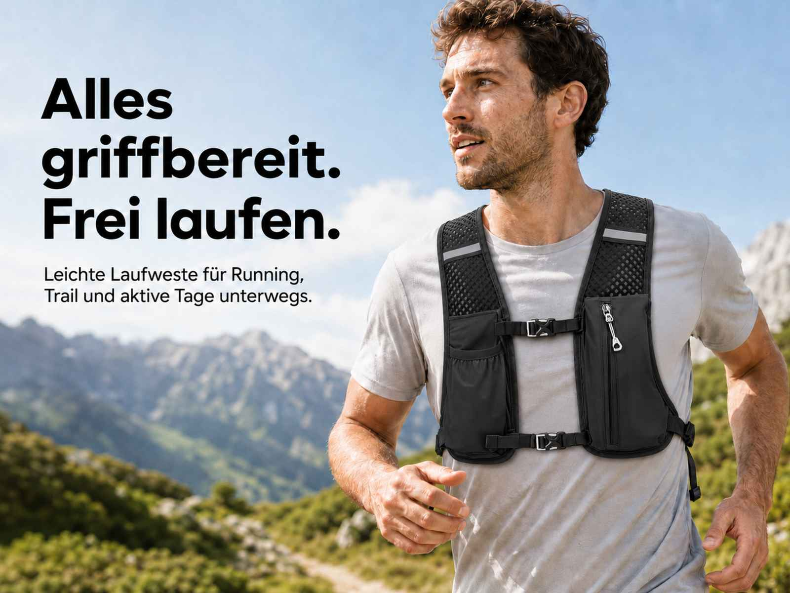 Ein Mann trägt eine schwarze Laufweste in bergiger Landschaft.