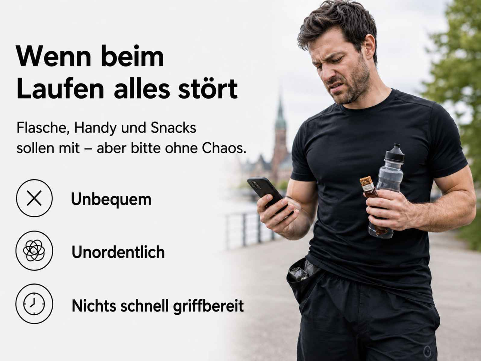 Mann mit Handy, Wasserflasche und Riegel, genervt. Text auf Deutsch.