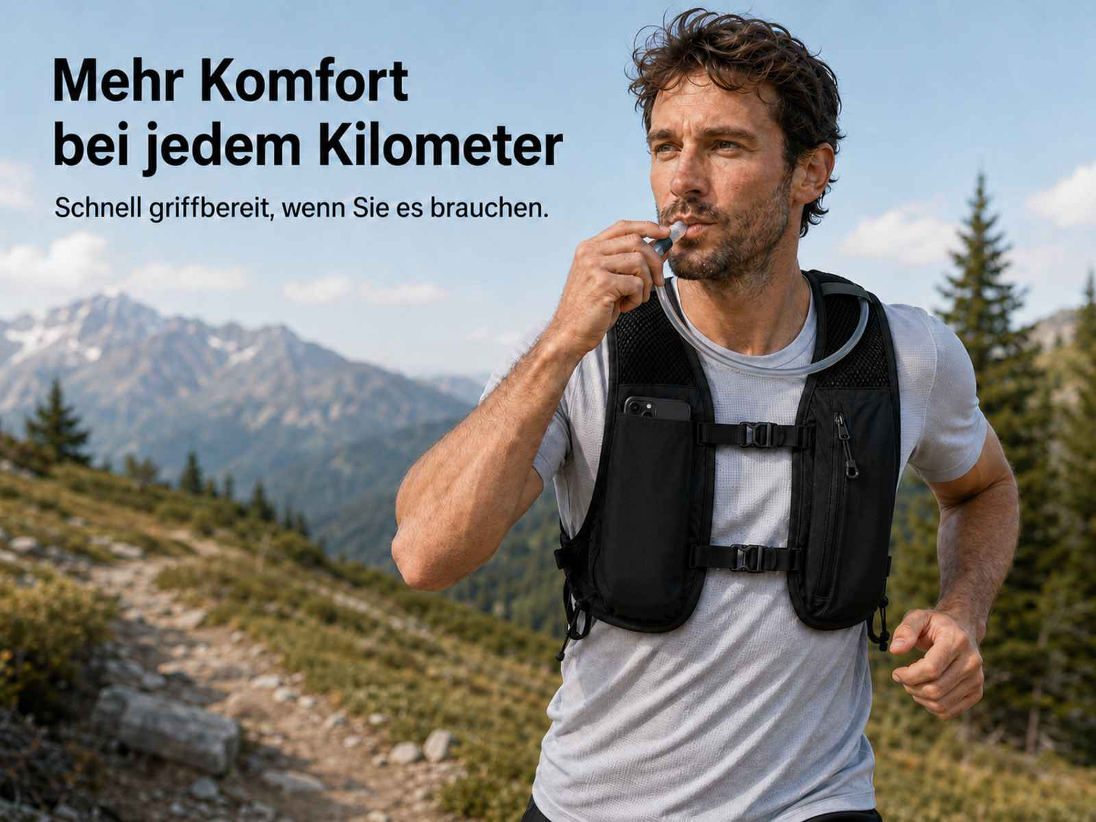 Ein Mann in einem Laufrucksack trinkt aus einem Trinkschlauch in den Bergen.
