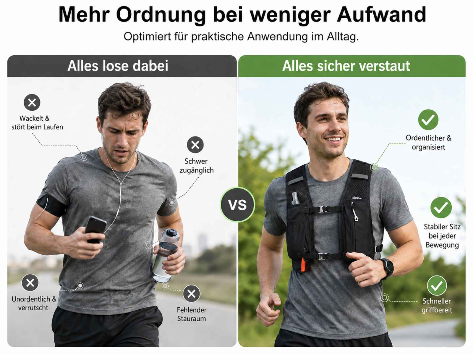 Läufer vergleicht lose Gegenstände mit einer Weste. Ordnung vs. Chaos.