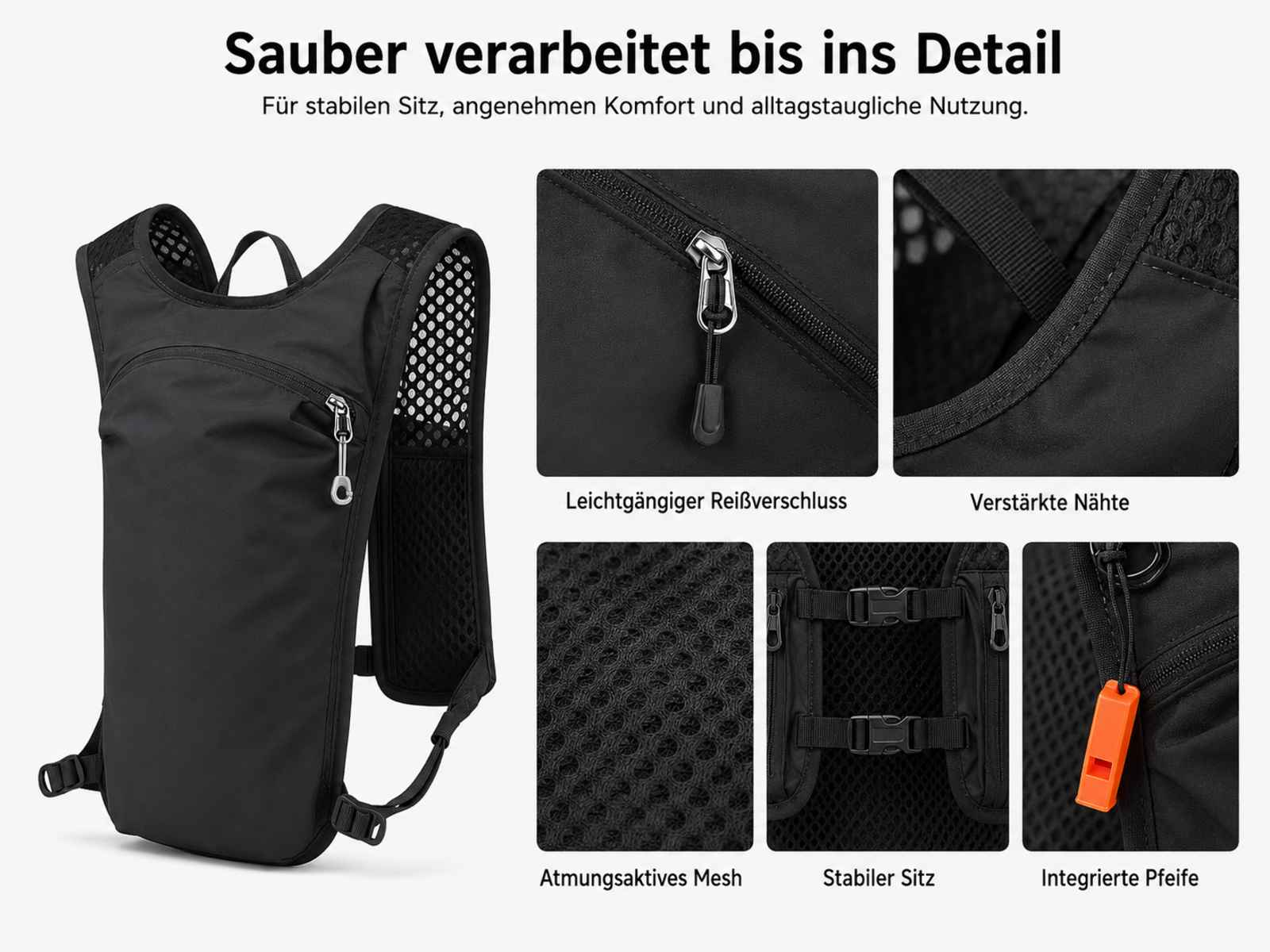 Schwarzer Rucksack mit Details: Reißverschluss, Nähte, Mesh, Schnallen, Pfeife.