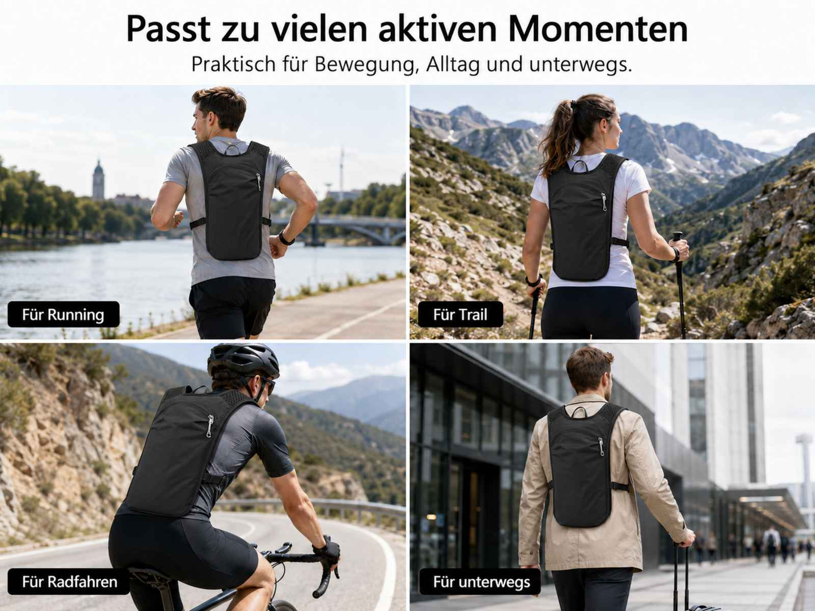 Vier Szenen zeigen einen Mann beim Laufen, eine Frau beim Wandern, einen Mann beim Radfahren und einen Mann mit Koffer.
