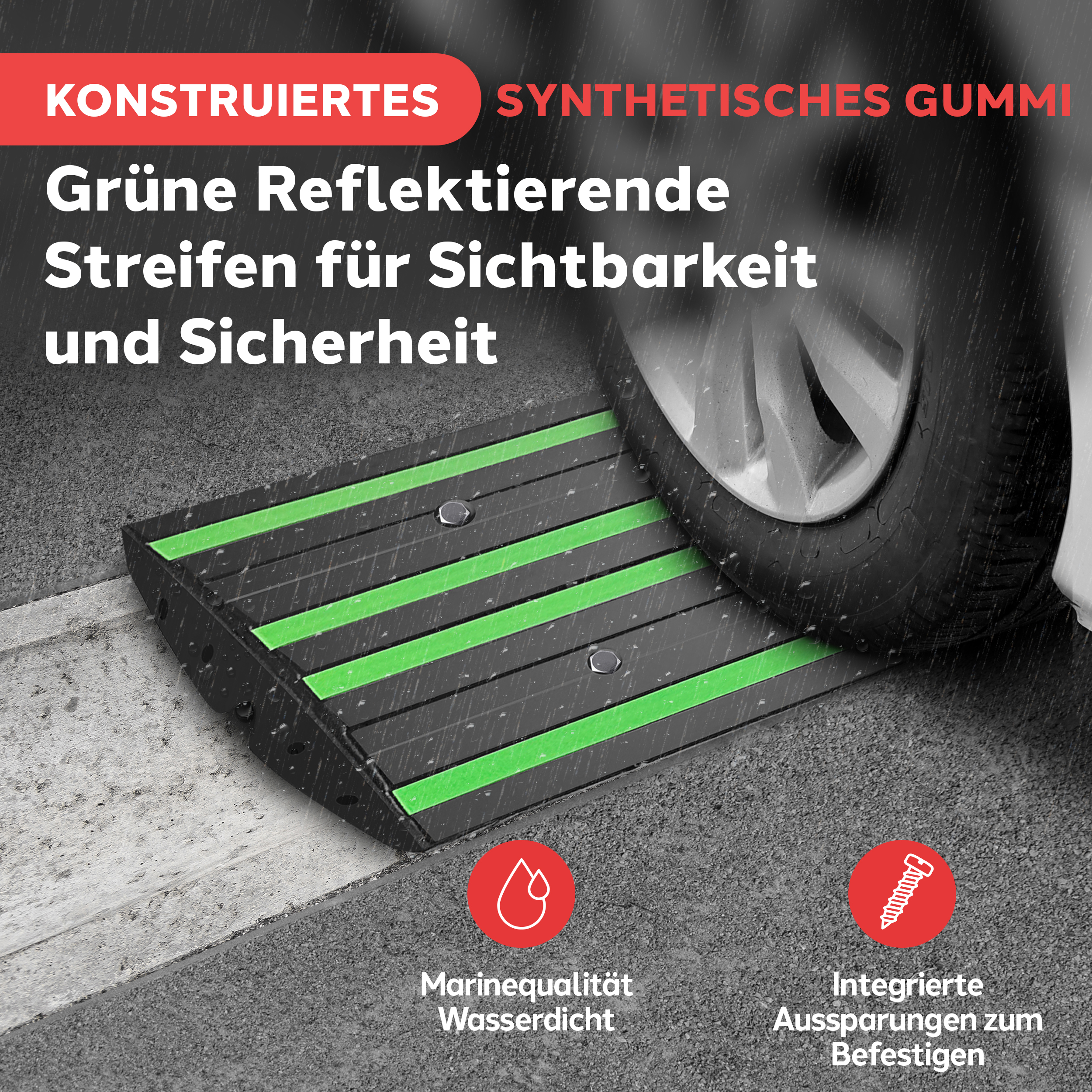 Schwarzer Gummikeil mit grünen reflektierenden Streifen, auf dem Regen fällt.