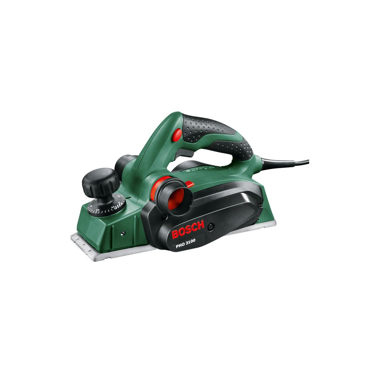 Grüner Bosch Hobel PHO 3100 mit schwarzem Griff und rotem Knopf.