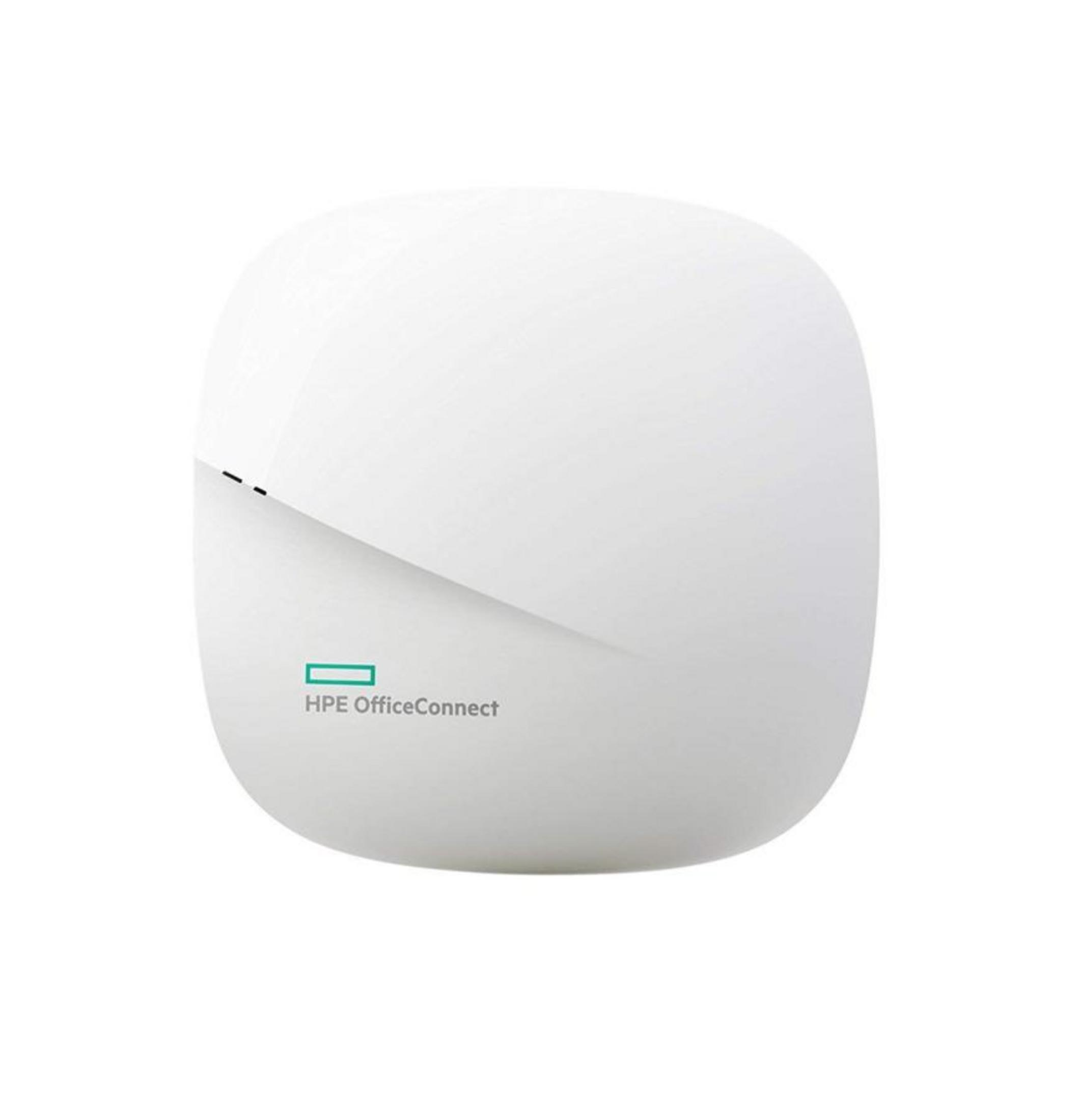 Ein weißer HPE OfficeConnect Access Point mit grünen Logo auf weißem Hintergrund.