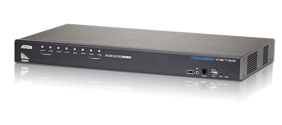 Schwarzer ATEN CS1798 KVM-Switch mit 8 Ports, Tasten und USB-Anschlüssen vorne und hinten.