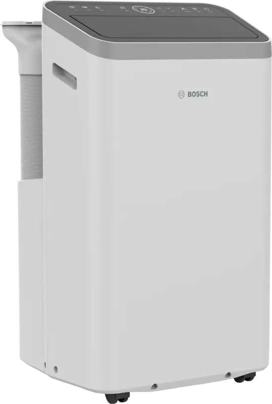 Un condizionatore portatile bianco Bosch con tubo di scarico e ruote.