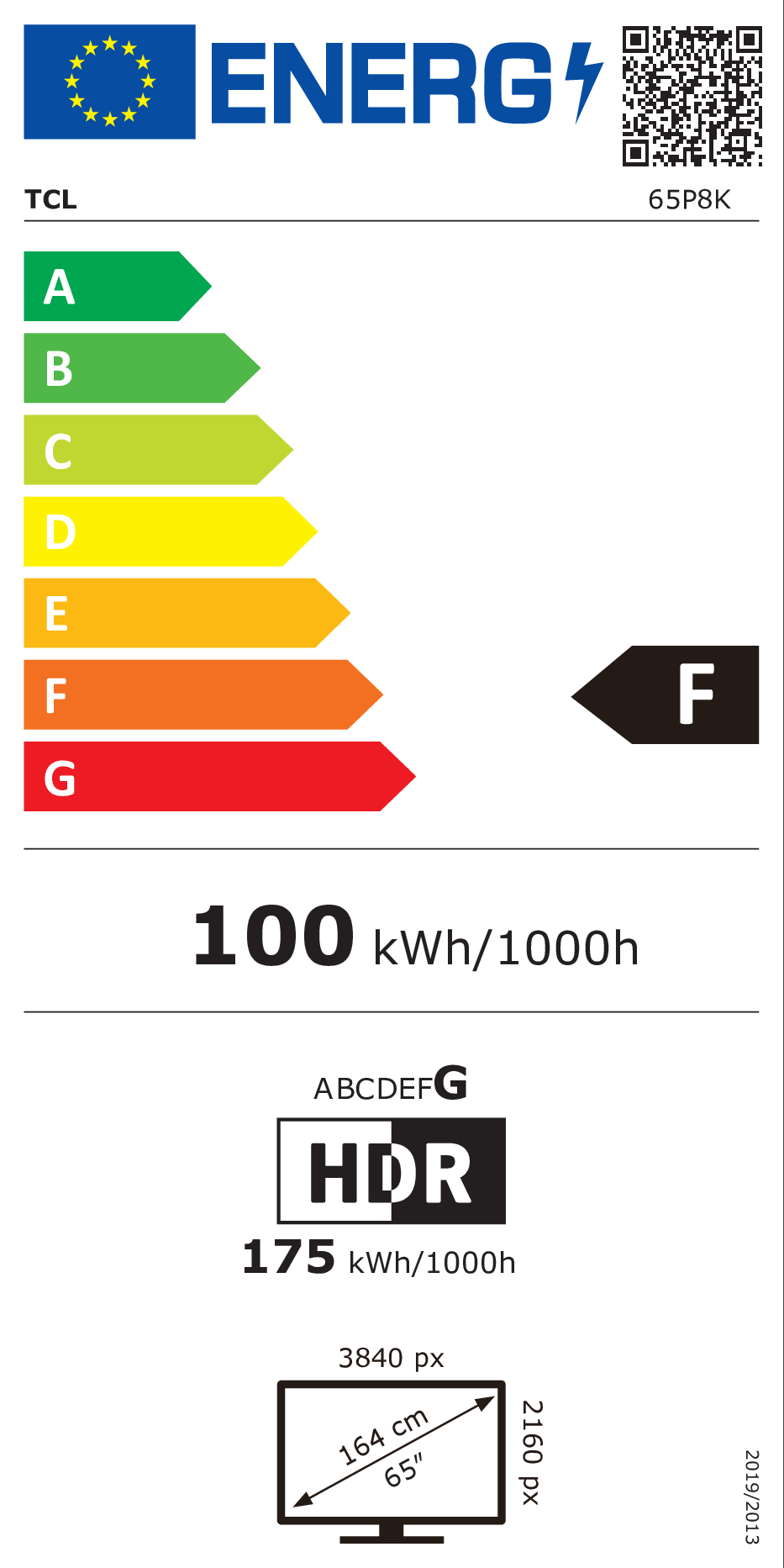 TCL logolu enerji verimliliği etiketi, A-G ölçeği, F sınıfı, 100 kWh/1000s.