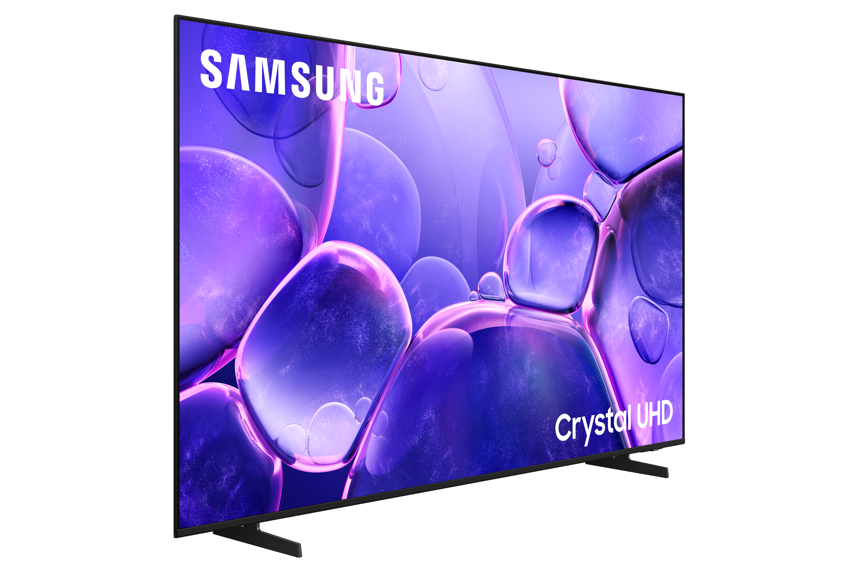 Mor baloncuk arka planı gösteren Samsung Crystal UHD TV.