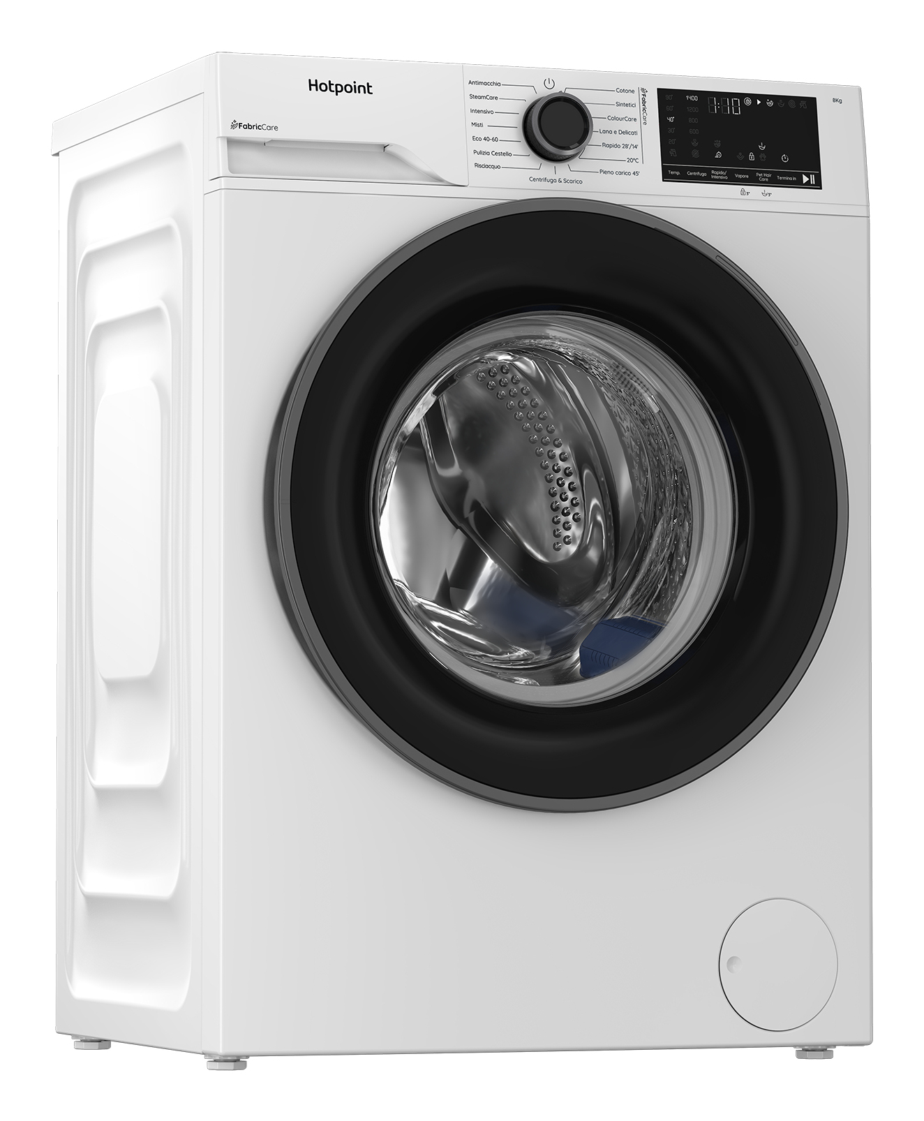 Lavatrice Hotpoint bianca con oblò e pannello di controllo neri.
