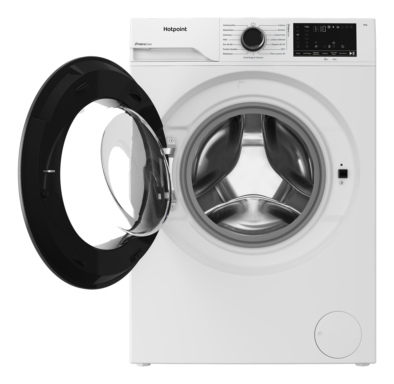 Lavatrice Hotpoint bianca con oblò nero aperto, cestello visibile.