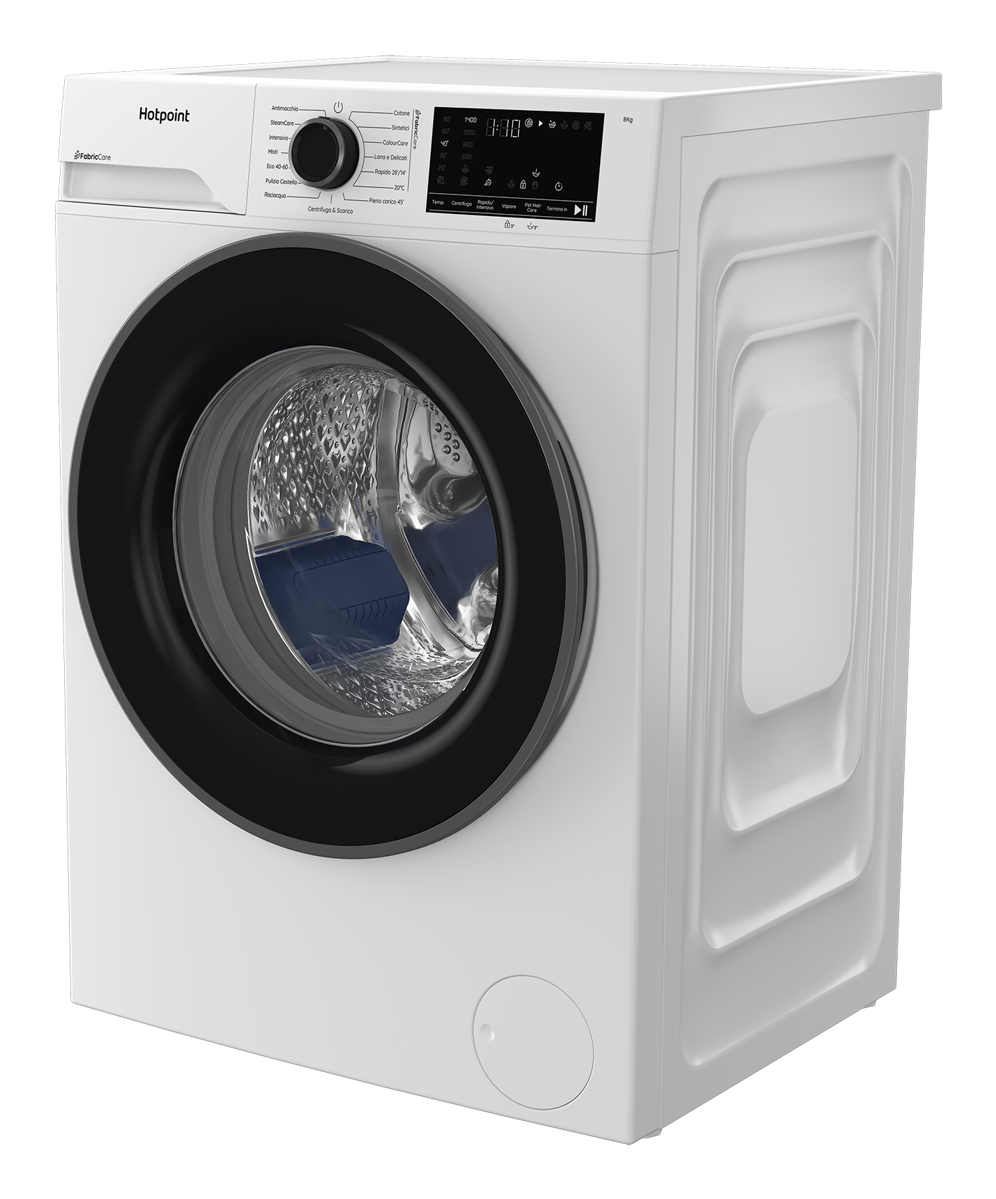 Una lavatrice Hotpoint bianca con oblò e pannello di controllo neri.