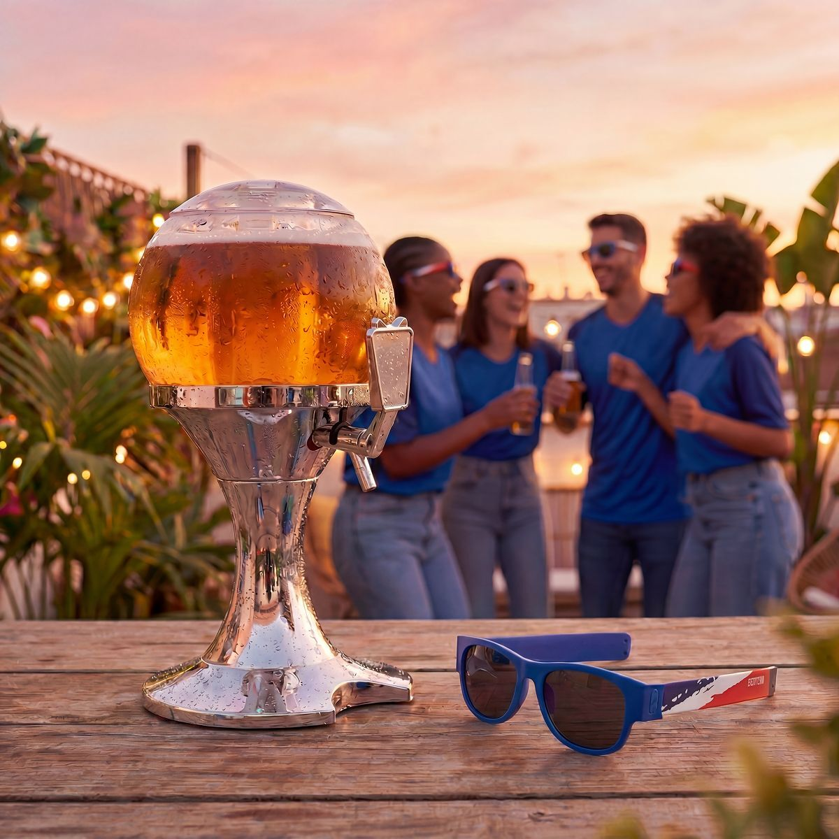 Un dispenser di birra con rubinetto su un tavolo di legno. Quattro amici bevono birra sullo sfondo.