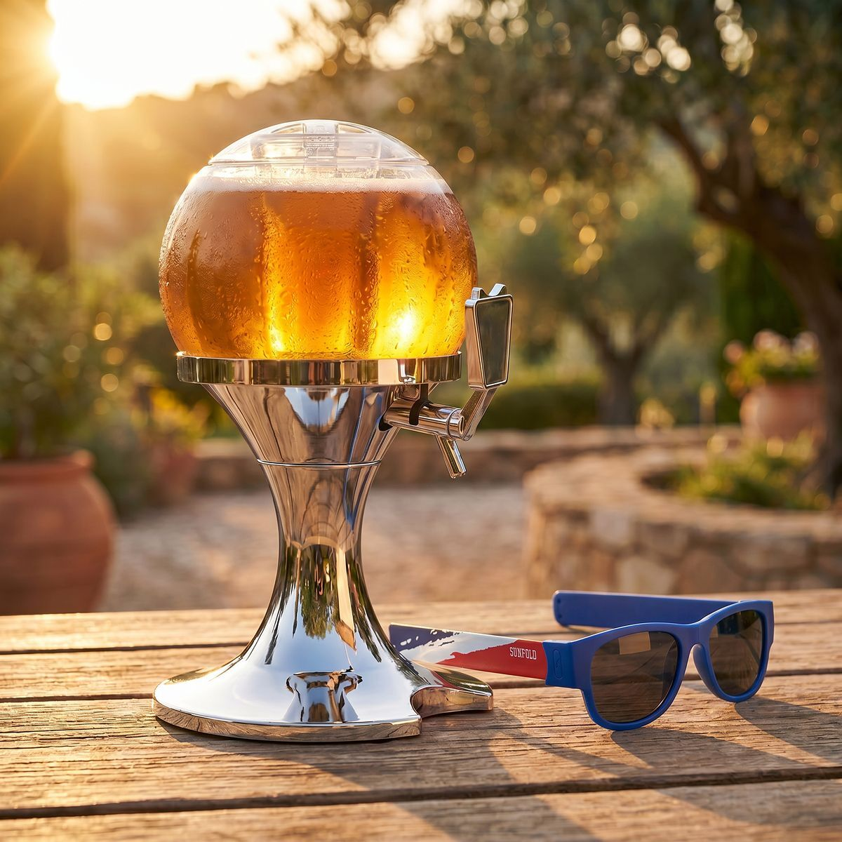 Un dispenser di birra con occhiali da sole su un tavolo di legno all'aperto al tramonto.