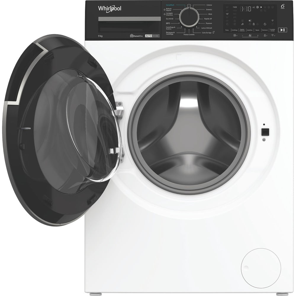 Lavatrice bianca Whirlpool con oblò nero aperto e pannello comandi digitale.