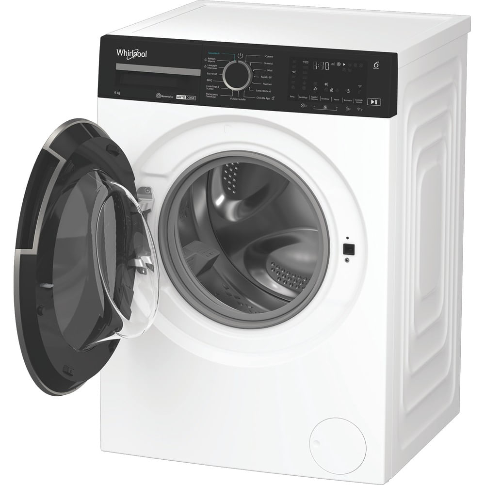 Lavatrice bianca Whirlpool con oblò aperto e display digitale.