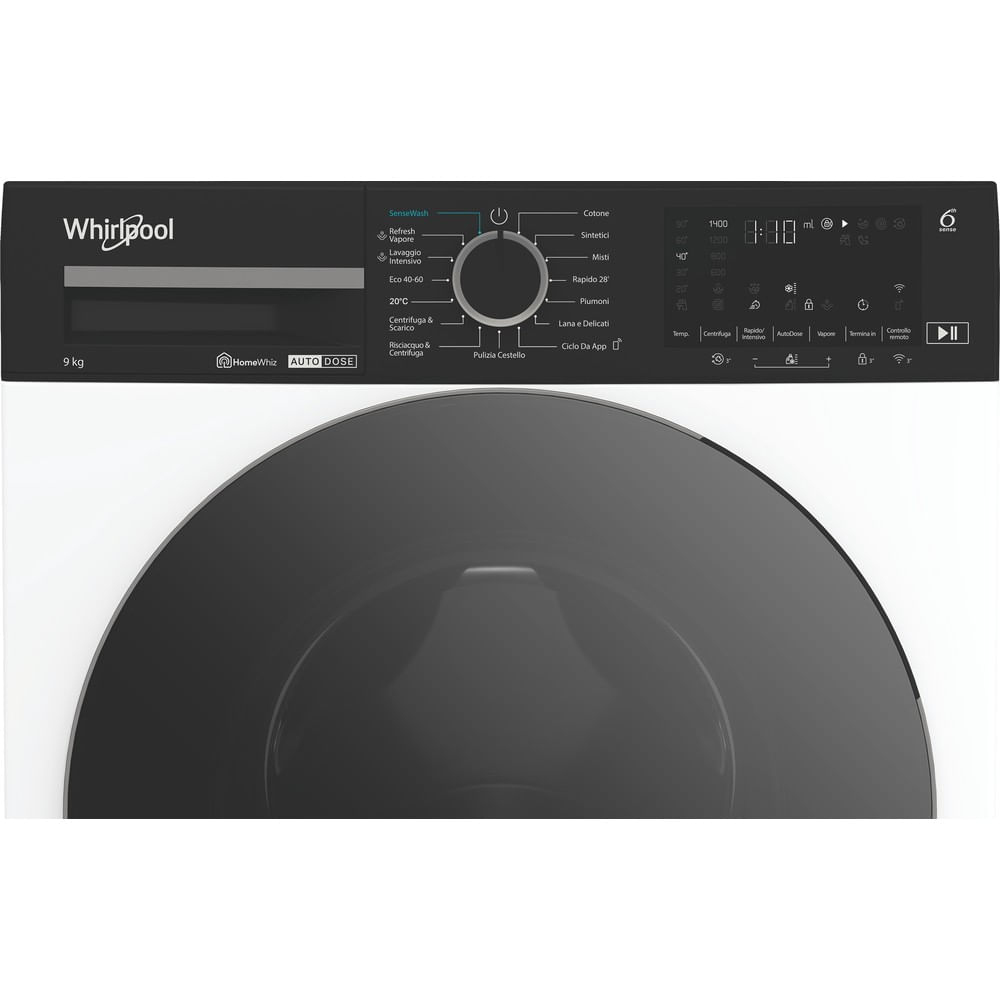 Pannello di controllo lavatrice con selezione programmi e display digitale.