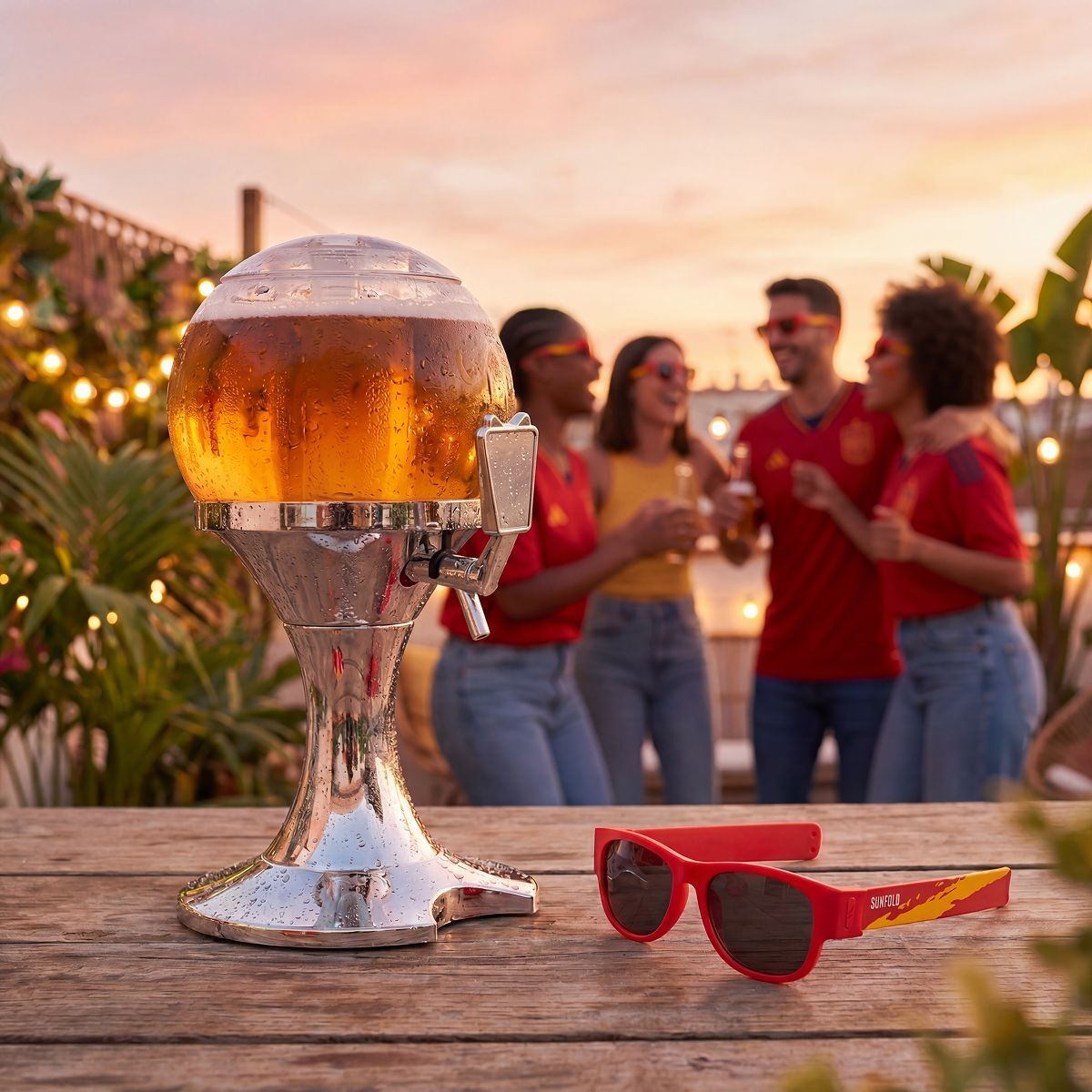 Un dispenser di birra su tavolo di legno davanti a quattro persone che festeggiano al tramonto.