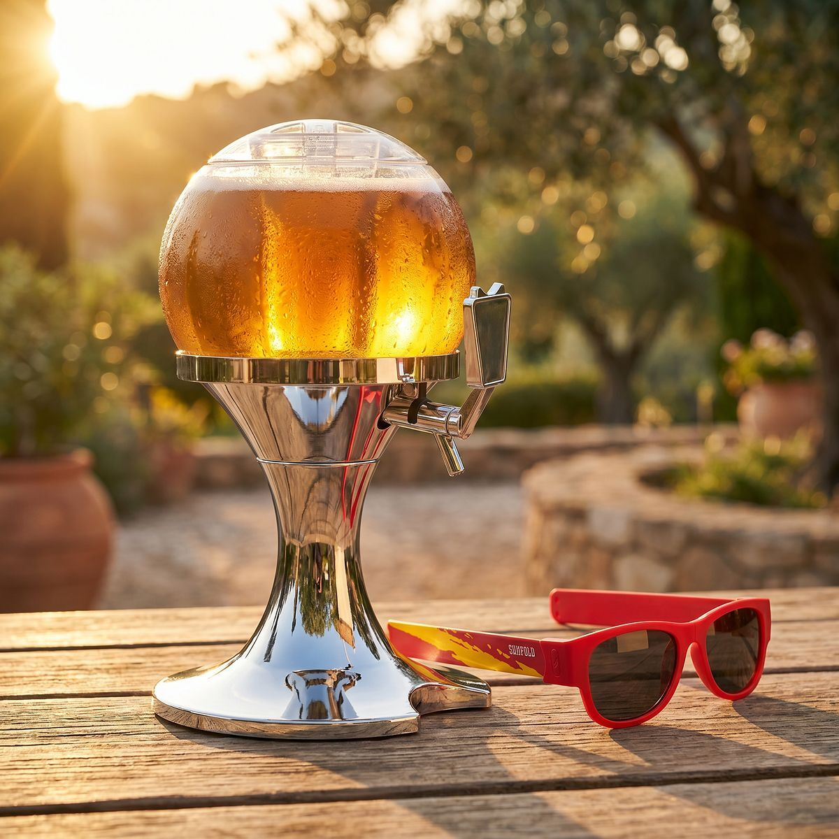 Un dispenser di birra su tavolo di legno con occhiali da sole, immerso nel sole.