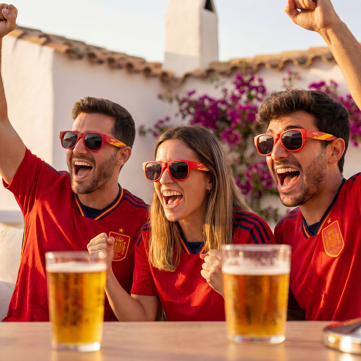 Tre tifosi in maglia rossa esultano con birre davanti a un edificio bianco.