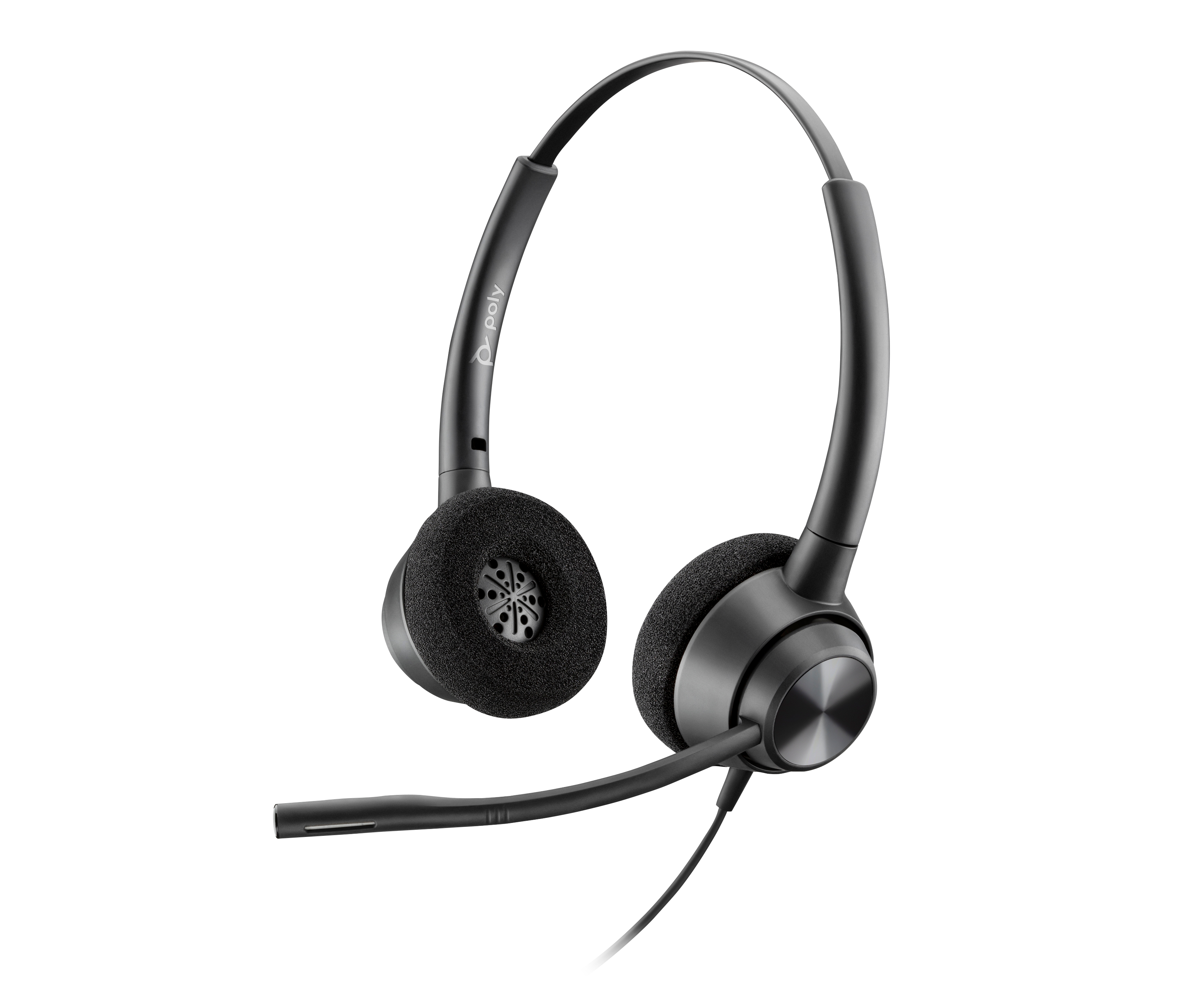 Un auricolare nero con microfono e padiglioni su sfondo bianco.