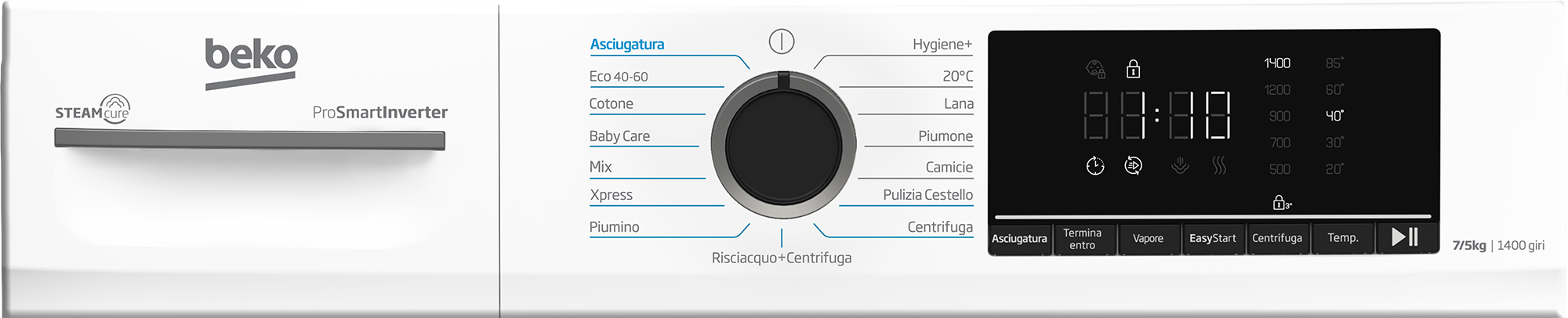 Pannello di controllo lavatrice Beko con display digitale e selettore programmi.