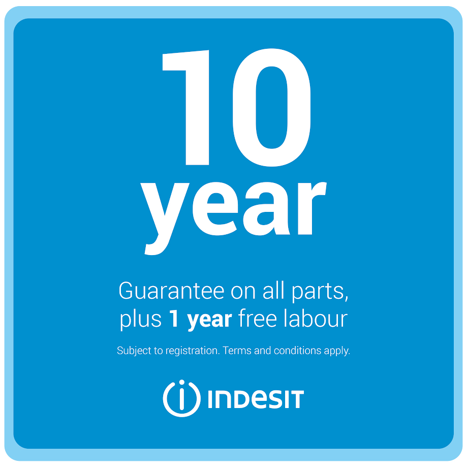 10 year guarantee on all parts, plus 1 year free labour. Indesit logo.