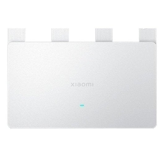 Un router Xiaomi bianco con quattro antenne e una luce blu.
