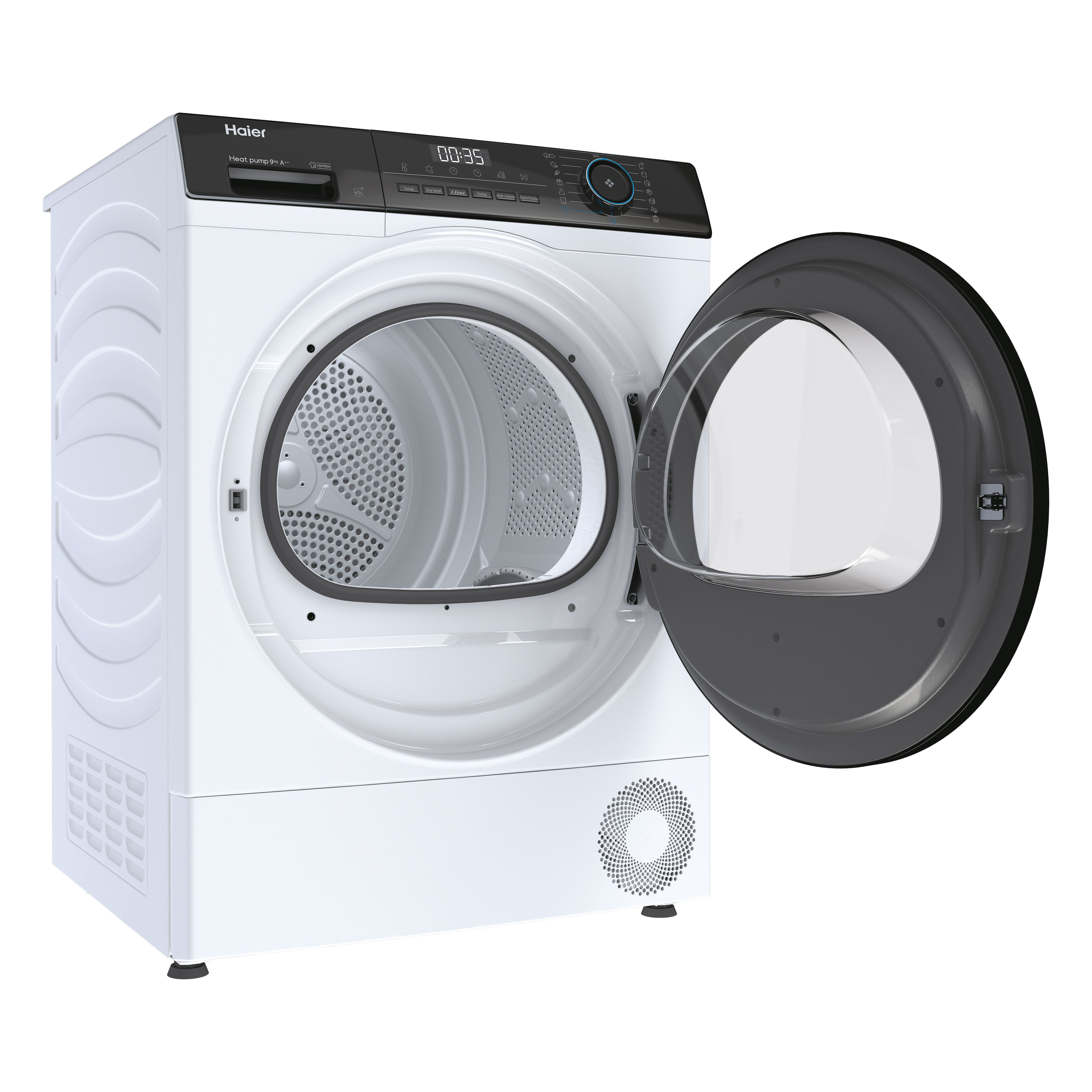 Kapısı açık beyaz bir Haier kurutucu, kontrol panelinde 00:35 gösteriyor.