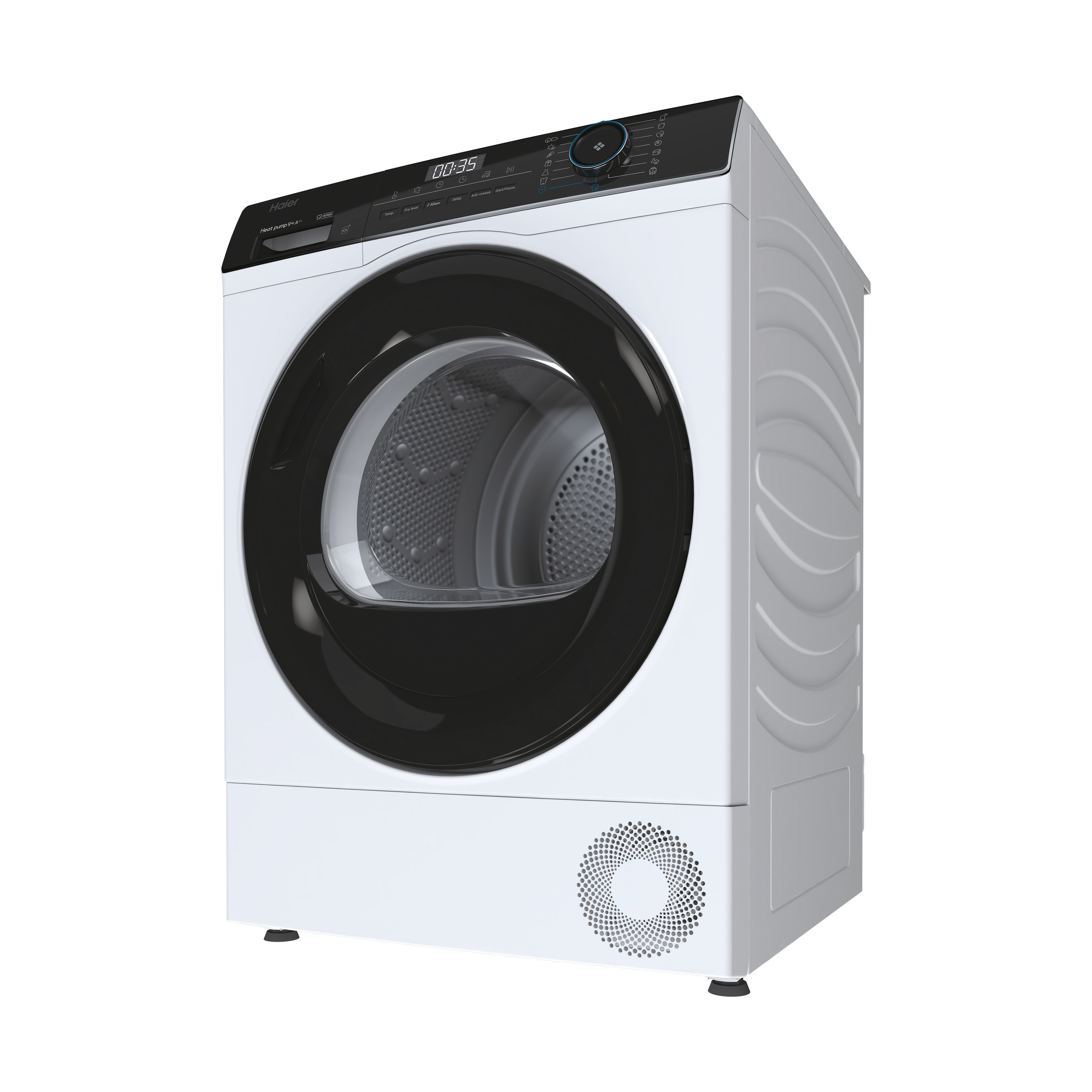 Siyah kapılı ve kontrol panelli beyaz bir Haier ısı pompası kurutucu.