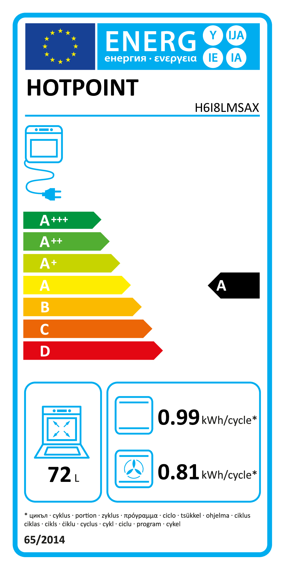 Etichetta energetica per forno Hotpoint H618LMSAX, classe A.