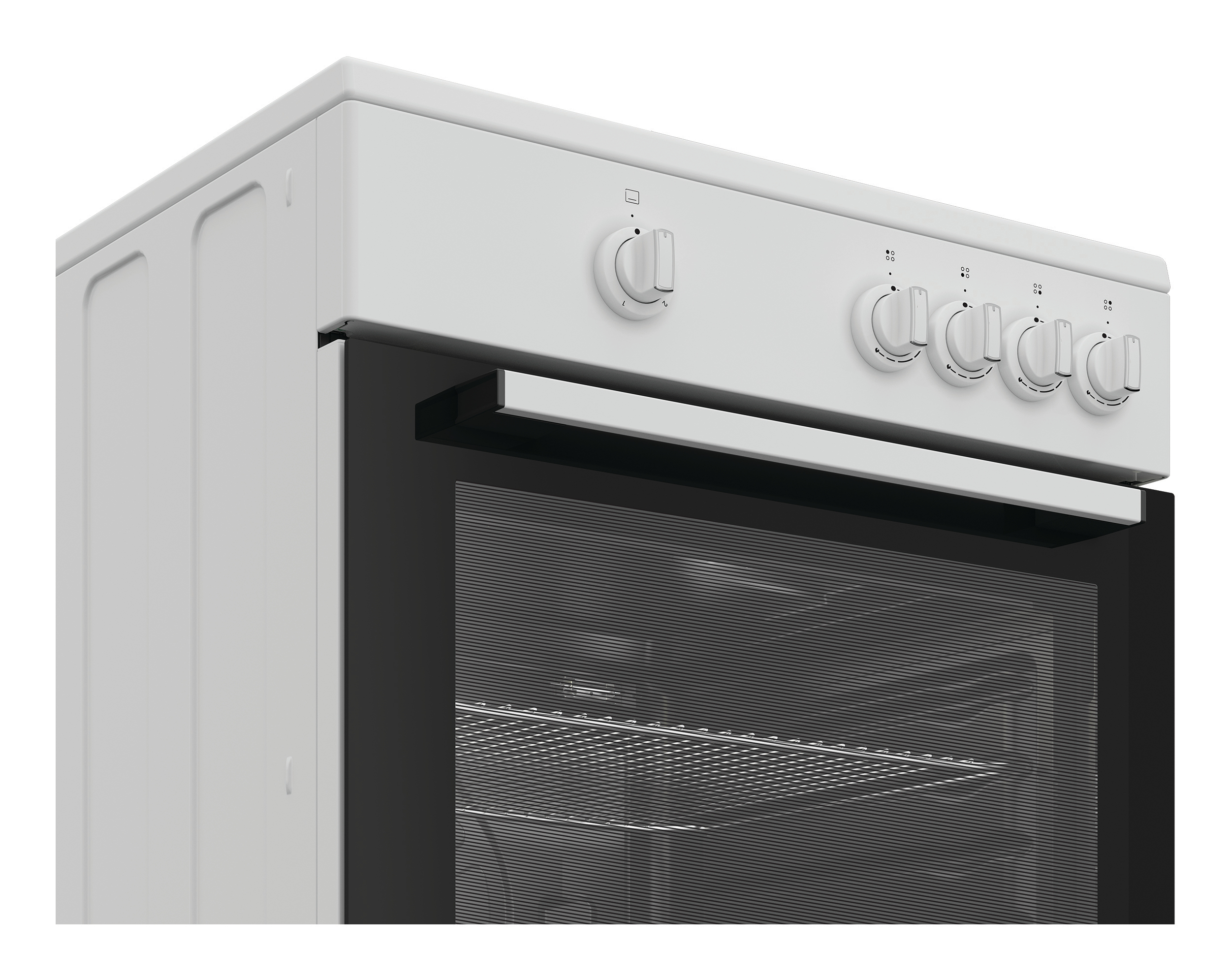 Un forno bianco con porta in vetro nero e maniglia argentata.