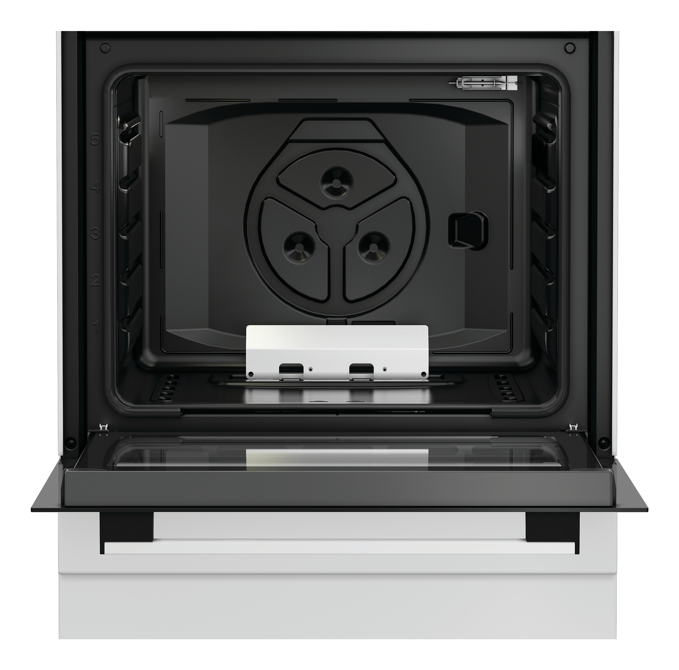 Interno forno nero aperto con guide griglia numerate e porta-griglia bianco.