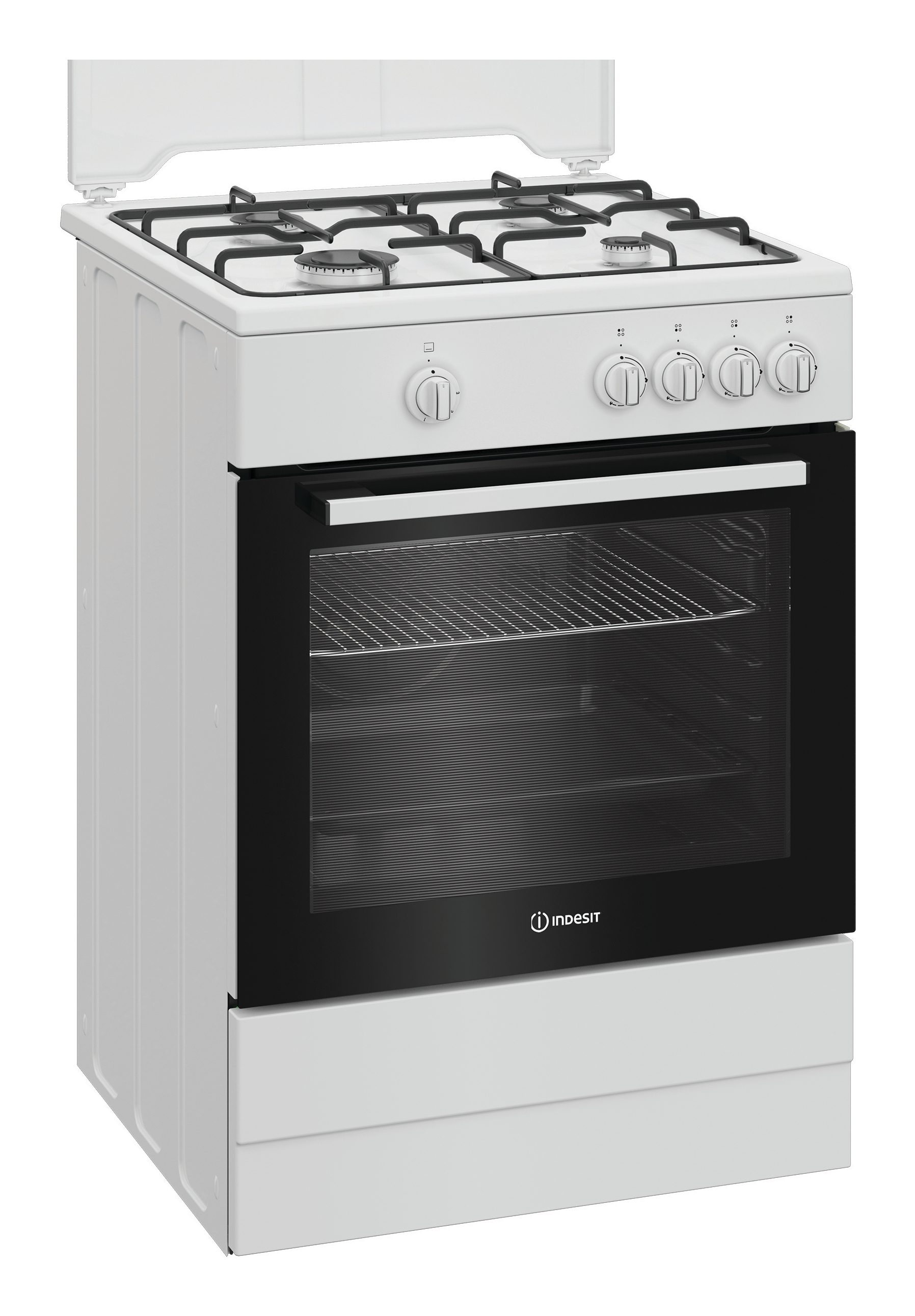 Un fornello a gas bianco con porta del forno nera e griglie.