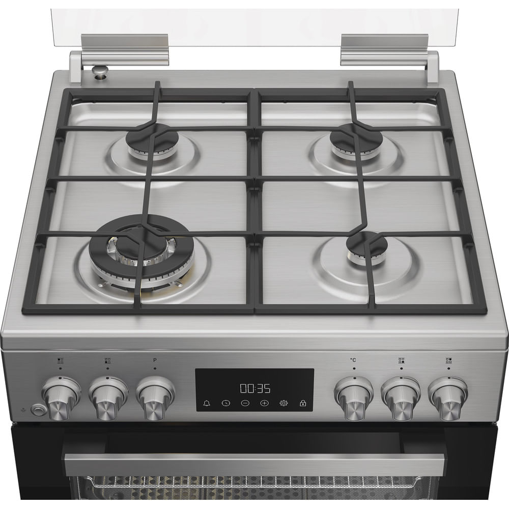 Fornello a gas moderno in acciaio inossidabile con quattro fuochi, coperchio in vetro e display digitale.