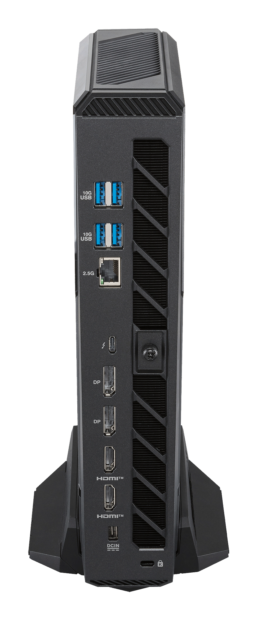 Mini PC nero con prese d'aria e porte: USB, LAN, Thunderbolt, DP, HDMI, DCIN.