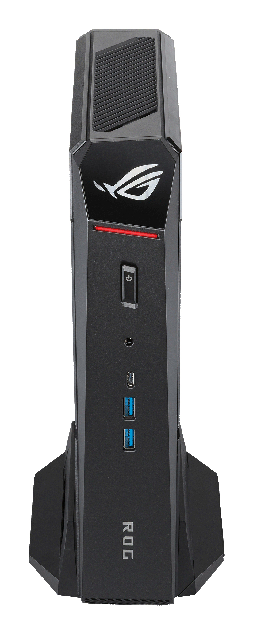 PC gaming nero con logo ROG, prese d'aria e porte USB.