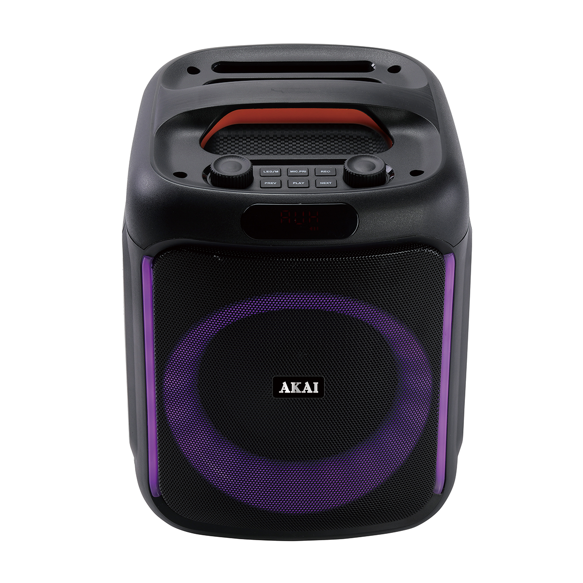 Czarny głośnik Bluetooth AKAI z fioletowym pierścieniem świetlnym i wyświetlaczem.