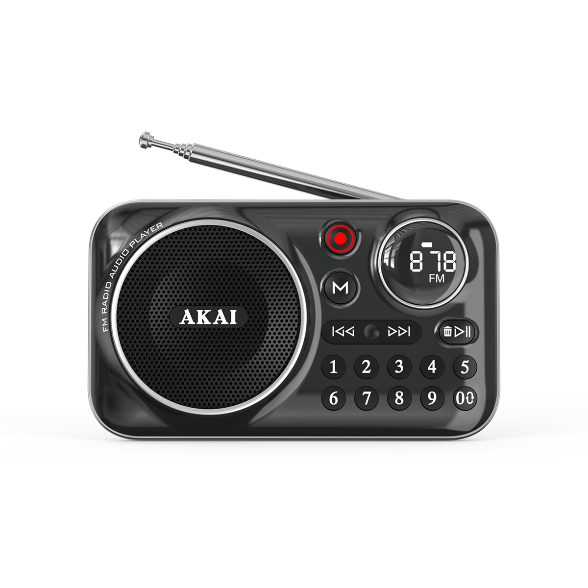 Czarny przenośny radioodtwarzacz FM z anteną, głośnikiem i przyciskami numerycznymi.