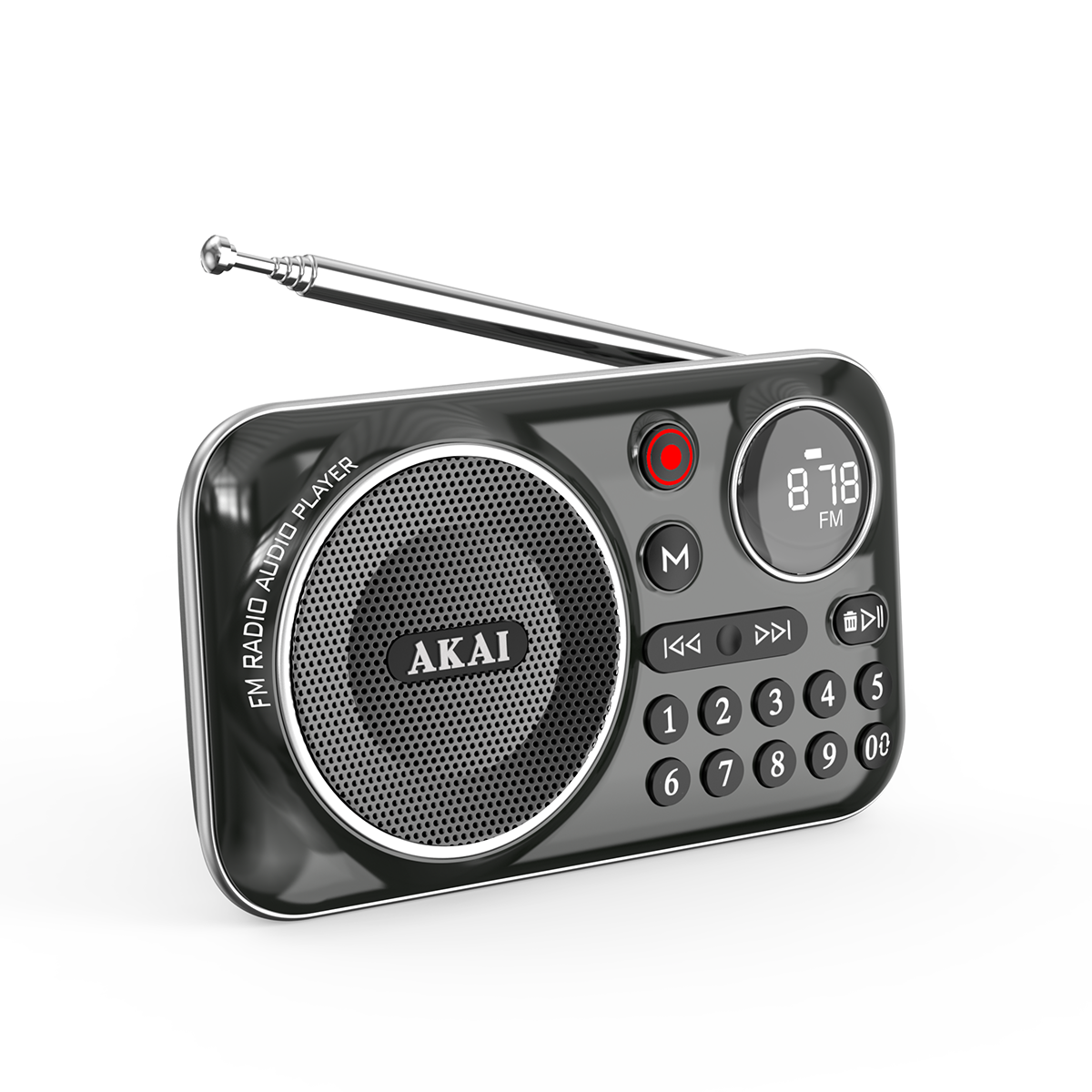 Czarny odtwarzacz radiowy AKAI FM ze srebrną anteną i klawiaturą numeryczną.