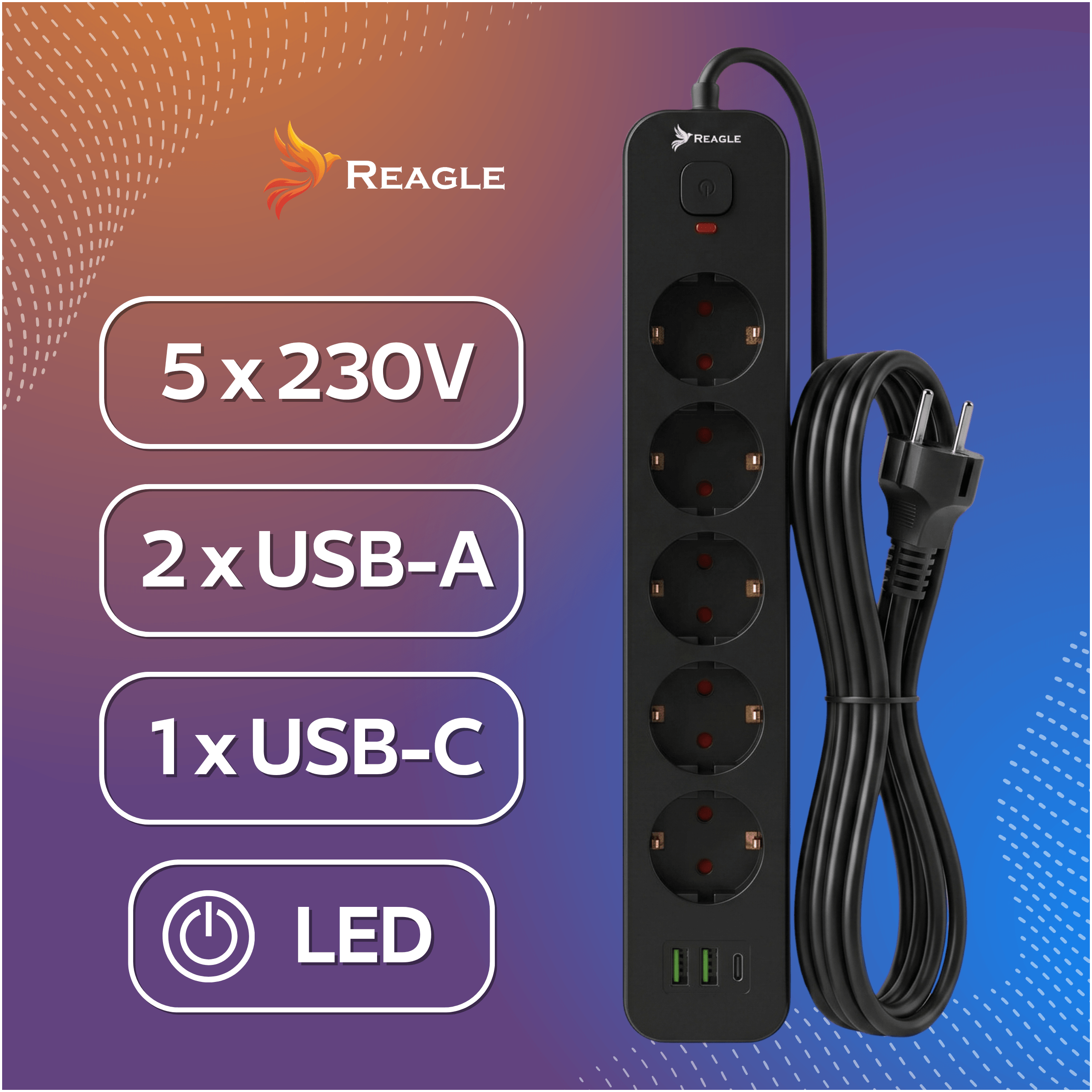 Regleta negra con 5 enchufes, 2x USB-A, 1x USB-C y LED.